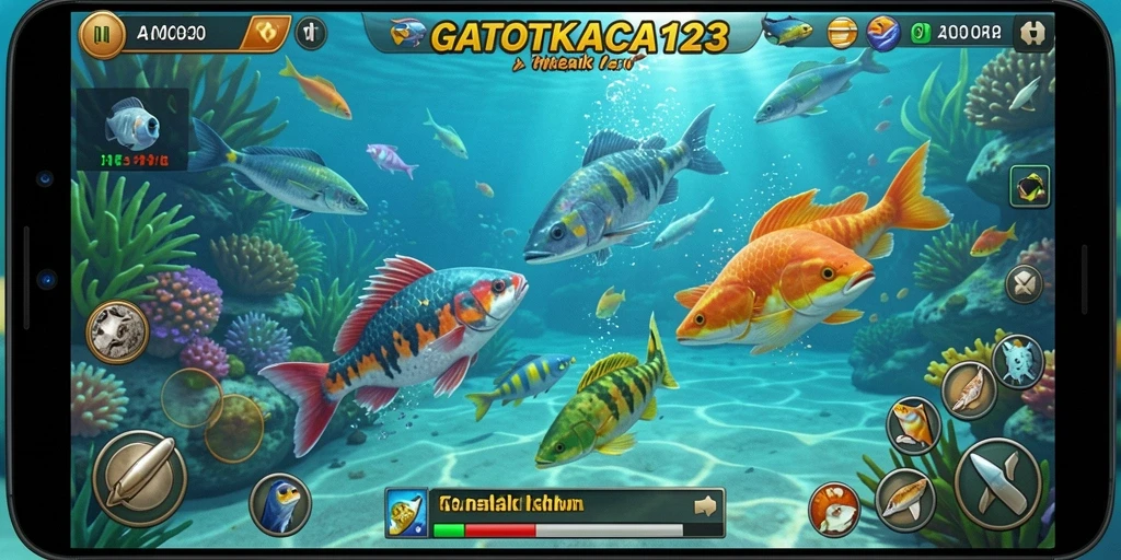 Gameplay seru dalam GATOTKACA123 dengan ikan warna-warni.