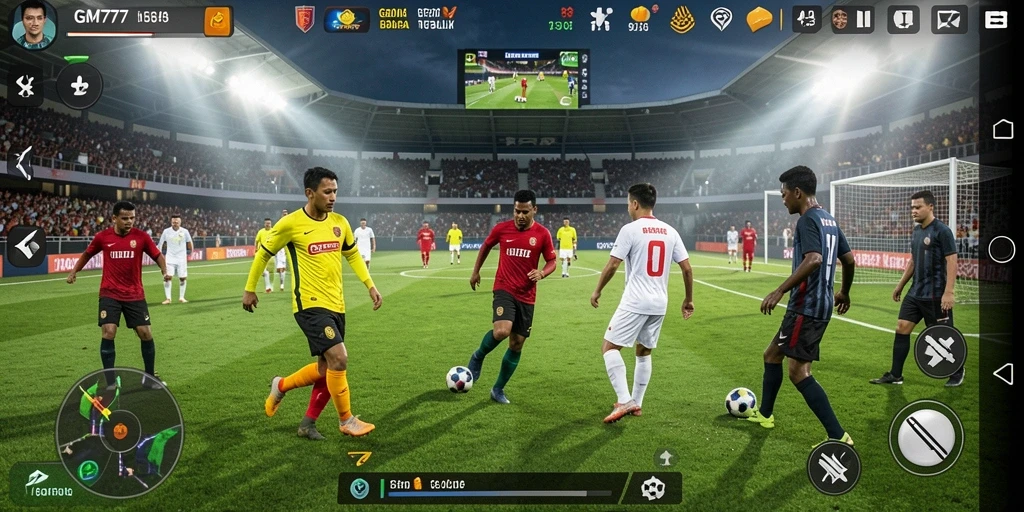 Screenshot gameplay GM777 menampilkan aksi seru di lapangan sepak bola.