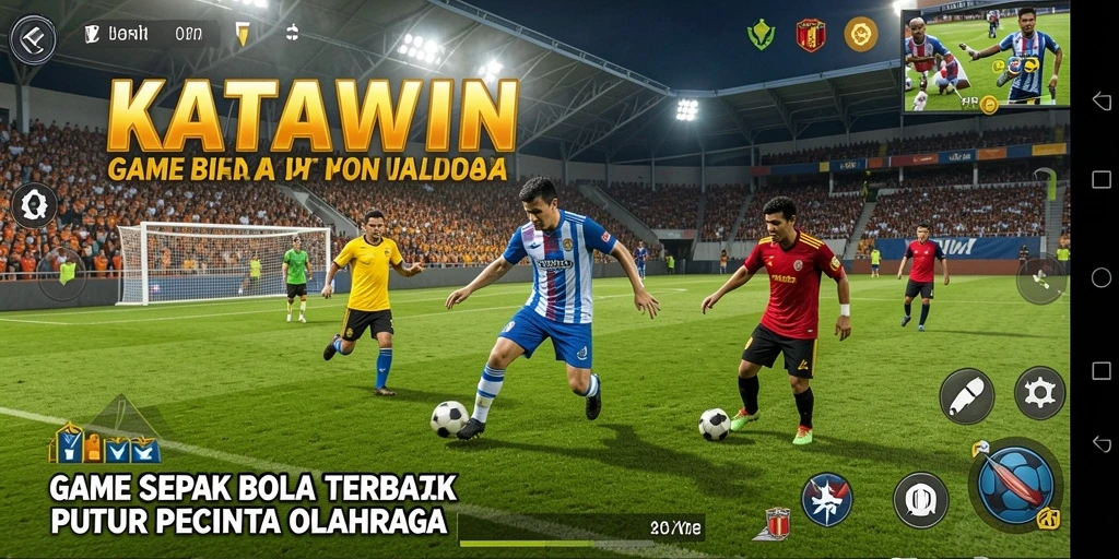 Screenshot gameplay KATAWIN menampilkan aksi seru dalam permainan sepak bola.
