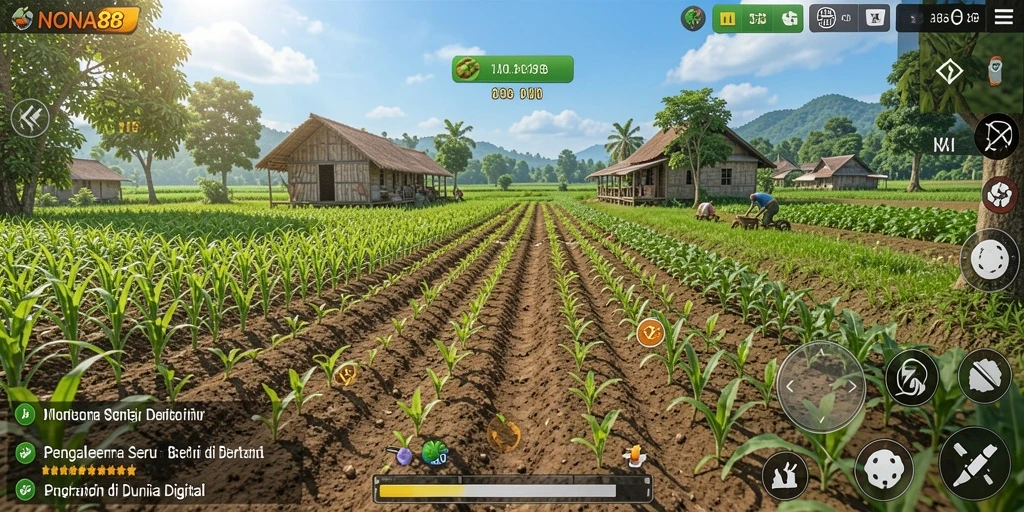 Screenshot NONA88 menampilkan pemain sedang mengelola ladang pertanian.