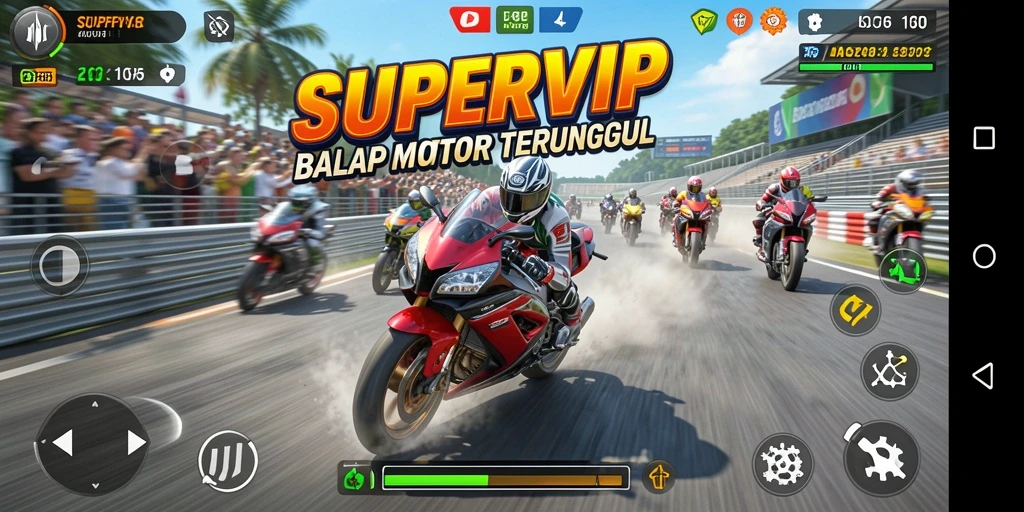 Tampilan gameplay balap motor yang intens dan penuh aksi di SUPERVIP.